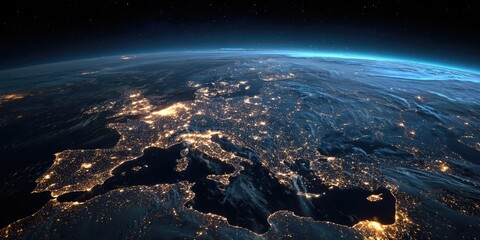 Obraz premium Earth at night Europe and Mediterranean, city lights glowing, space view