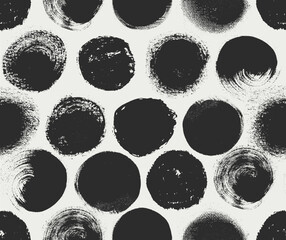 Seamless pattern with bold grunge circles and dots. Hand drawn brush stroke geometric shapes and collage elements in naive childish style. Abstract round forms with dry rough textured vector design.