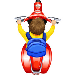 Child Wearing A Blue Backpack Riding A Red Scooter From Above With Brown Hair And Yellow Long Sleeved Shirt Isolated On A White Background