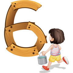 Child Holding Bucket Approaching Large Wooden Number Six Illustration with Transparent Background