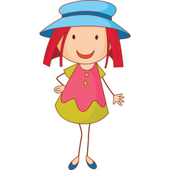 Childlike Cartoon Girl Wearing Pink Dress and Blue Hat with Red Hair and Blue Shoes Standing On Transparent Background