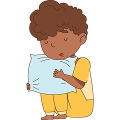 Child With Dark Curly Hair Wearing Yellow Outfit Hugging Light Blue Pillow With Eyes Closed Feeling Cozy And Peaceful Isolated On Transparent Background