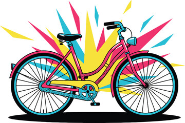 Old Bicycle Vector Illustration in Vibrant Pop Art Comic Style with Pink Frame and Explosive Geometric Background
