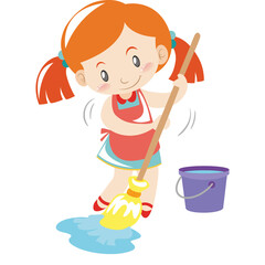 Cheerful Young Girl With Red Pigtails Cleaning Floor With Mop And Bucket Full Of Water White Background