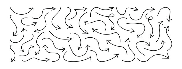 Collection of hand drawn doodle thick arrows in different directions. Set of simple lines hand drawn black arrows. Various of simple lines arrows collection