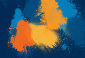 Abstract blue and orange paint splashes on a textured canvas with bright yellow accents, forming a dynamic modern artwork ideal for contemporary interior decor and design projects