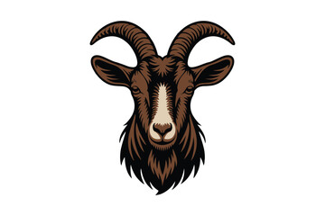 Detailed illustration of a brown goat head with large horns