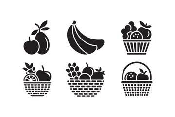 Collection of stylized fruit icons in baskets and as individual items