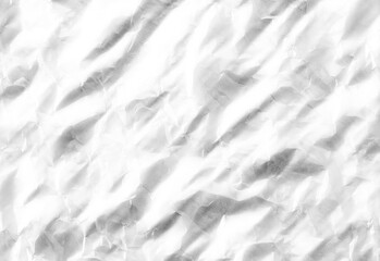 Close-up of a crumpled white paper texture with soft shadows and random creases, creating an abstract monochrome background ideal for design, graphic projects, and presentations