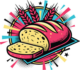 Vintage Bread Loaf Logo Vector Illustration in Pop Art Comic Style with Wheat Ears, Sliced Piece, and Vibrant Explosion Background