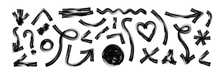 Set of Hand drawn doodle design elements, charcoal or pencil drawn marks. Paint brush stroke. Grunge brush strokes with distressed textures in rough hand drawn ink styles for dirty borders,
