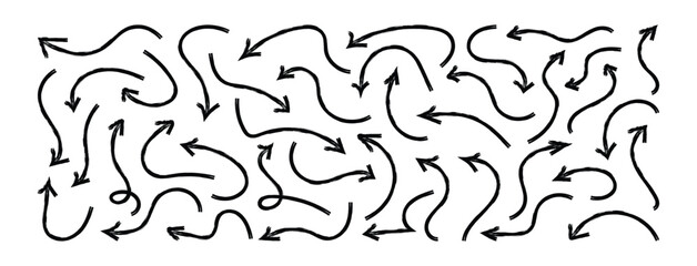 Set of simple lines hand drawn black arrows. Various of simple lines arrows collection. arrow sketches collection, hand drawn  doodle style pointers, curved line, round swirls, black brush stroke.