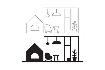 Modern interior design sketch with pet house and furniture line art