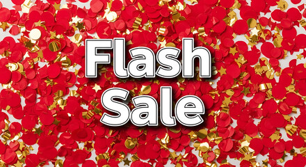 A flash sale announcement is displayed over a background of red and gold confetti.