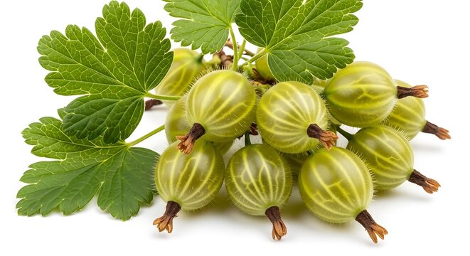 Fresh green gooseberries with leaves on a white background