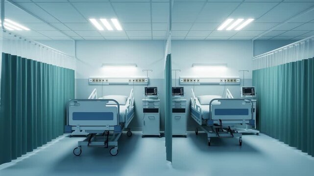 Modern hospital room with empty beds and medical equipment ready for patients 4k high quality footage