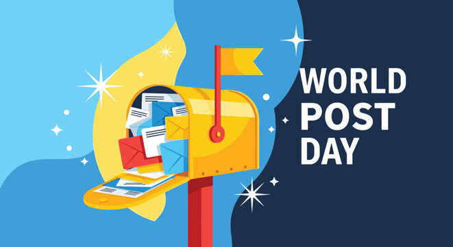 Happy World Post Day illustration featuring a mailbox overflowing with letters and envelopes.