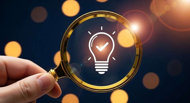 Hand holding magnifying glass focusing on light bulb, representing idea generation