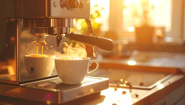 Morning light illuminates an espresso machine pouring coffee into two white cups on a wooden kitchen counter - Powered by Adobe