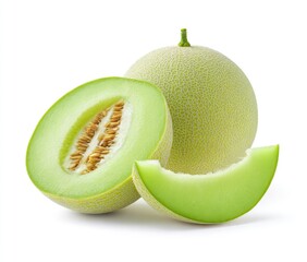 Group of fresh cantaloupes; one sliced open, another whole, and a slice