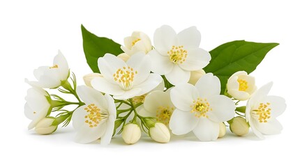 Obraz premium Delicate white jasmine flowers with green leaves isolated on white background