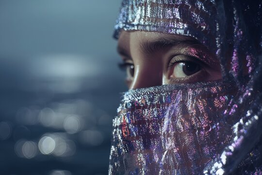 A pair of expressive eyes peek through a shiny, iridescent veil that reflects light in various colors, creating a mysterious and captivating atmosphere with blurred lights in the background