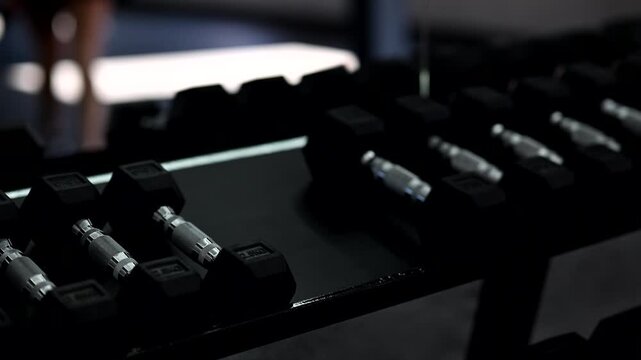 A woman in a modern gym returning dumbbells to the rack after an intense workout session. The scene shows proper gym etiquette, organized equipment, and a focused post training atmosphere.