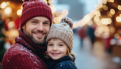 Obraz premium Father and child embracing joyfully at a winter market festive atmosphere holiday spirit outdoor close-up