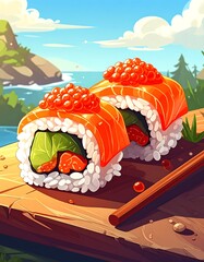 Cartoon-style sushi rolls on wooden board, with coastal background