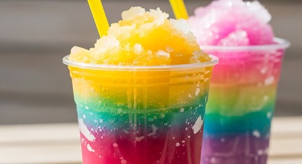 Vibrant rainbow colored shaved ice drinks with yellow straws in clear cups