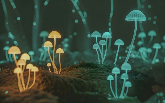 Ethereal Fungi: A mesmerizing view of bioluminescent mushrooms illuminating a dark forest floor in vibrant blue and amber.