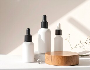 Trio of white dropper bottles sits on a marble pedestal with a wooden stand.