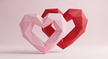Intertwined geometric hearts symbolize love and connection in soft pastel hues.