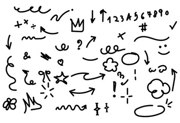 Hand drawn set of abstract doodle elements, arrows, stars, flowers,numbers, signs and symbols