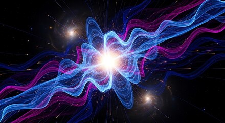 Abstract energy flow dynamic blue and purple wavy lines on black background