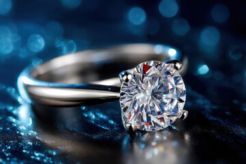 Sparkling Diamond Solitaire Ring on Blue Glitter Background