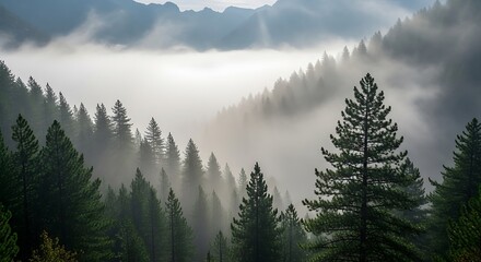 Misty morning fog rolling through an evergreen forest on a mountainside.