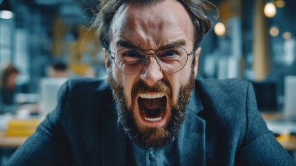 Stressed businessman yelling in a professional office environment