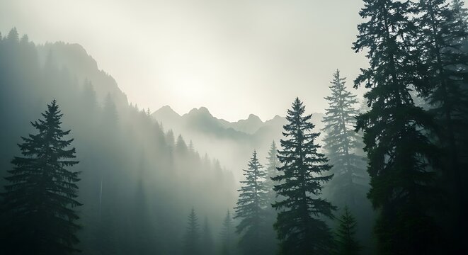Misty forest landscape with tall evergreen trees and foggy mountains - Powered by Adobe