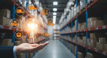Innovative supply chain management concept with glowing light bulb and logistics icons in warehouse, representing smart inventory solutions, transport efficiency, and modern distribution technology