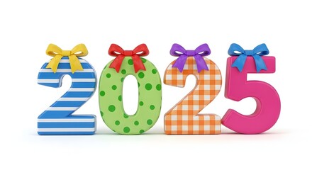 Obraz premium Colorful decorative numbers 2025 with festive ribbons and bows on white background