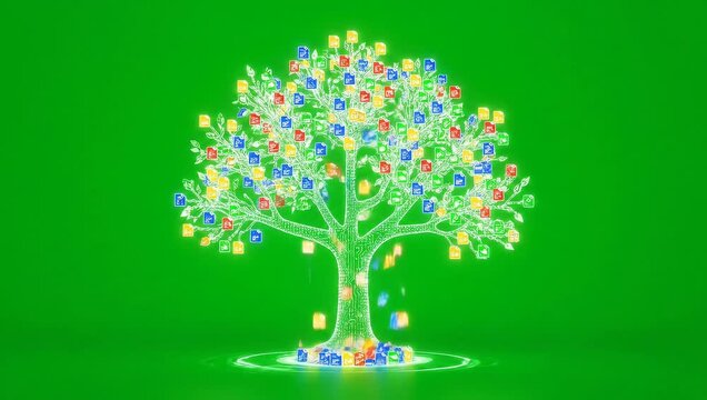 Animated file organization tree growing knowledge and data on vibrant green background, representing information flow and document management solutions