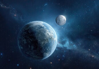 Blue planet & grey moon in deep space