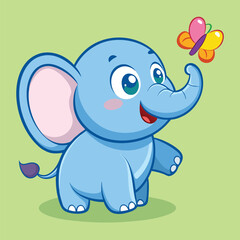 Naklejka premium Adorable baby elephant cartoon looking at a vibrant butterfly