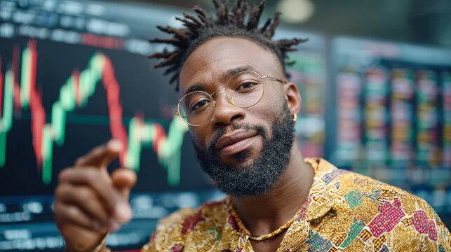 A young man in glasses and a colorful shirt points, with stock market charts blurred in the background.