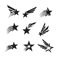 Modern Shooting Star Icon Set – Winged and Abstract Black Star Vector Design