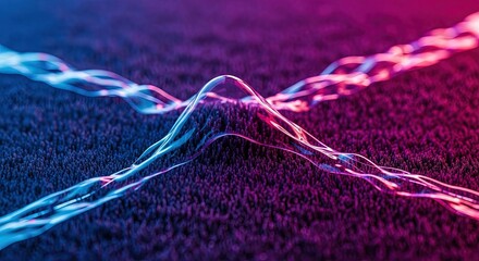 Vibrant glowing energy streams converge and intertwine on a textured surface.