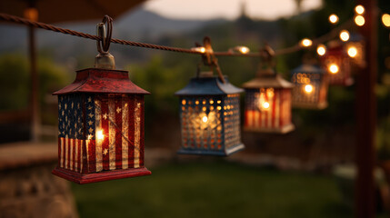 Patriotic lantern outdoor string lights rustic evening glow, cozy backyard vibe