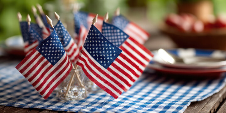 American flag patriotic fourth of july picnic backyard gathering with cheerful mood - Powered by Adobe