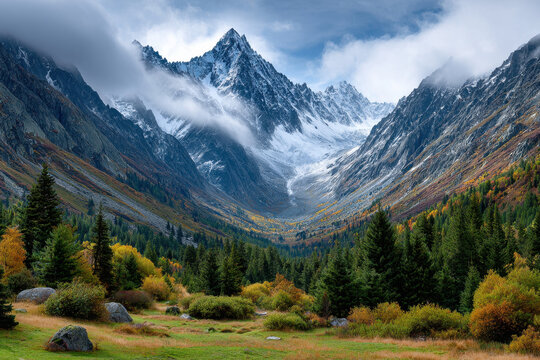 Misty Snow Capped Mountain Peaks and Autumn Forest - Powered by Adobe